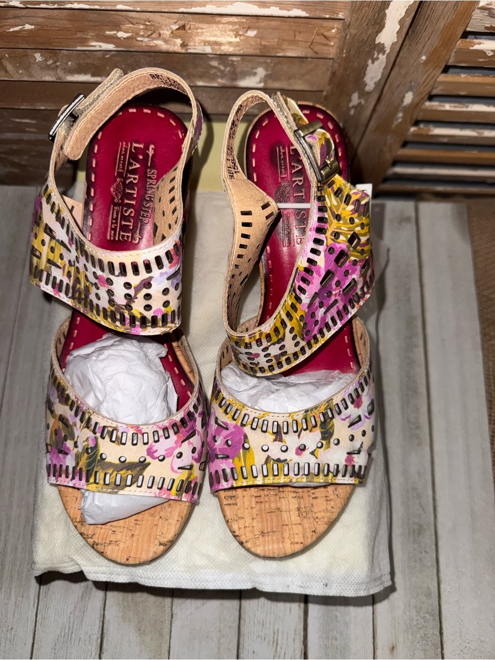 Spring Step Multicolor Floral Cork Wedge Sandals - Pink & Yellow